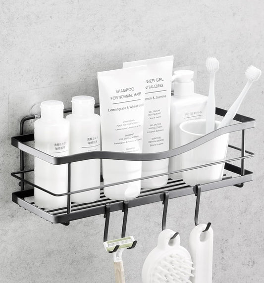 Premium Shower Shelf - Self Adhesive Shower Caddy with 4 Hooks - No Drill Large Capacity Stainless Steel Rack - Aesthetic Organizer for Bathroom Wall Decor - Matte Black