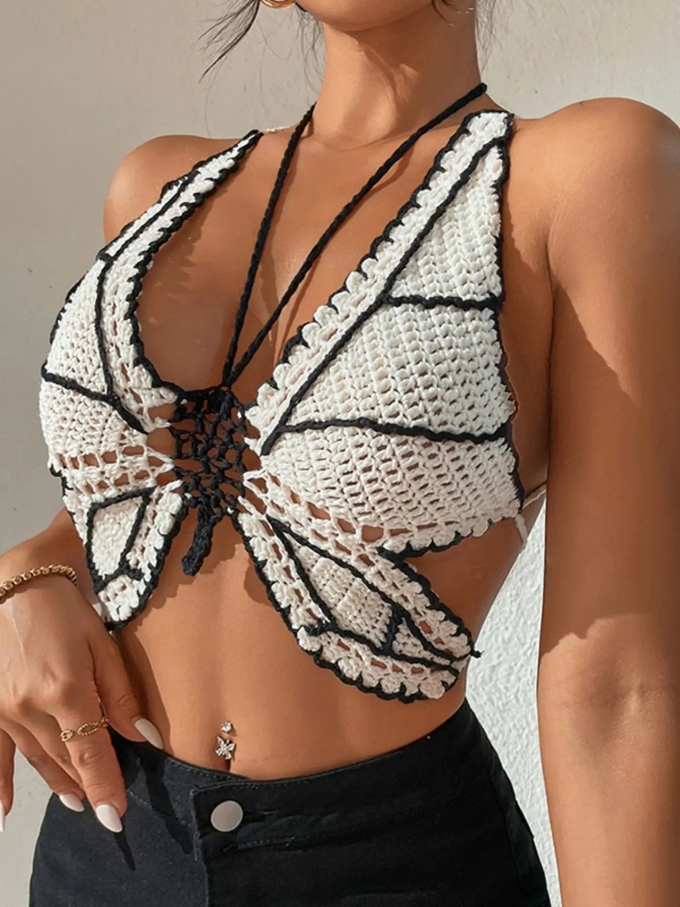 Women'S Contrast Binding Backless Hollow Out Tie Back Halter Swim Top, Summer Clothes Women, Boho Chic Criss Cross Sleeveless Swimwear for Beach Vacation Holiday, Ladies Summer Clothes
